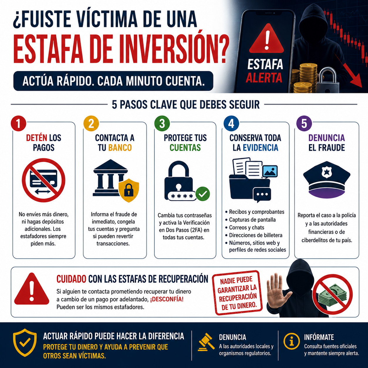 Pasos a seguir si cree que ha sido víctima de una estafa de inversión.