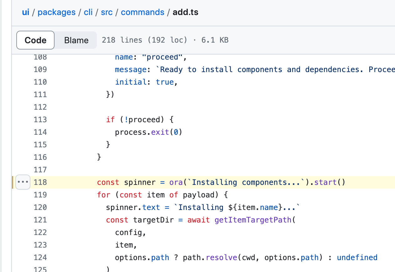 Find out how the Ora package is used to show a CLI spinner in shadcn-ui/ui source code.