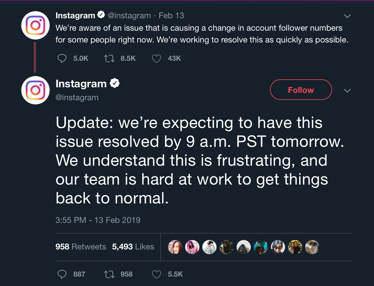 instagram s official tweet - losing instagram followers 2019