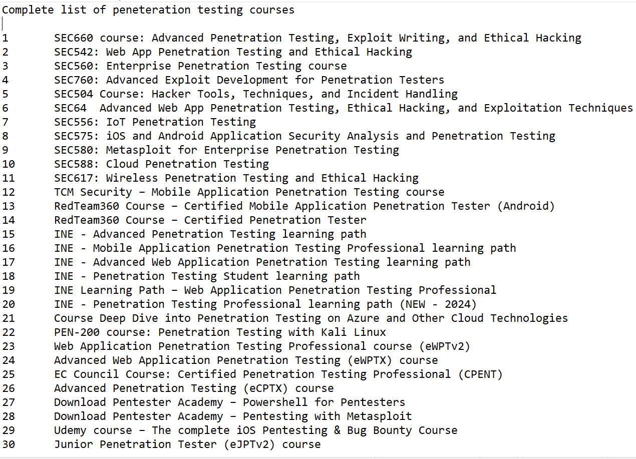 Complete list of peneteration testing courses