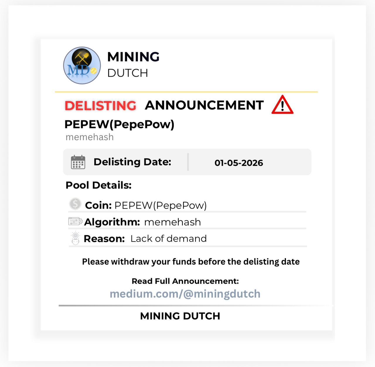  PEPEW Delisting Announcement 