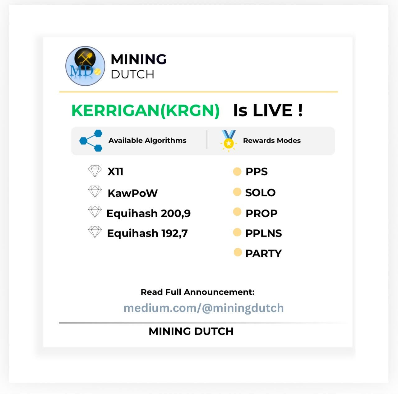  KERRIGAN (KRGN) Is Now Live on Mining-Dutch