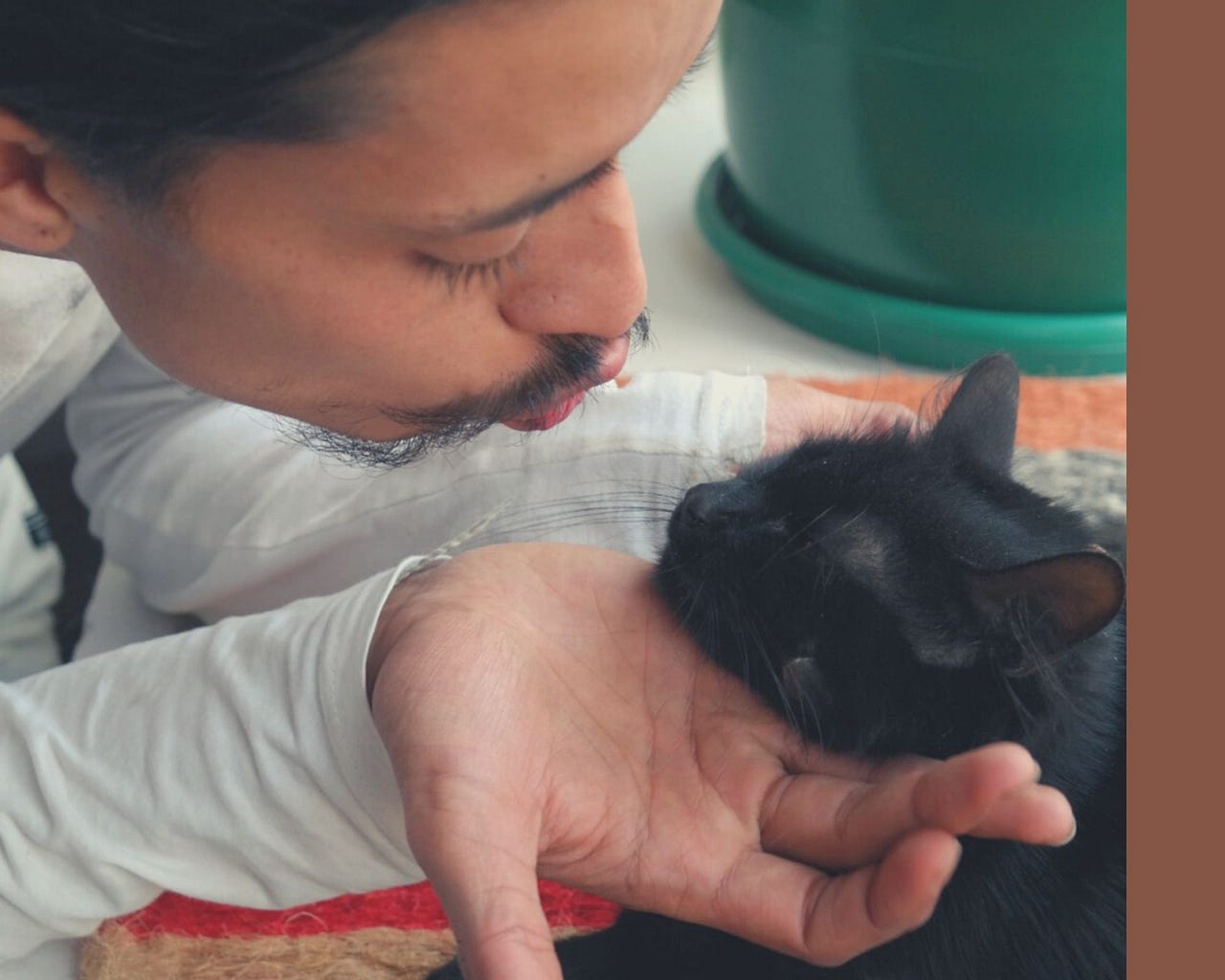 man kissing black cat