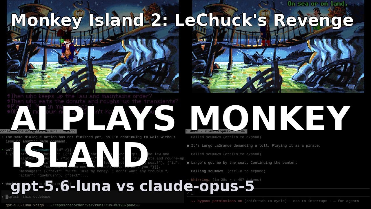 GPT-5.6 Luna (xhigh) vs Claude Opus 5 (low) on Monkey Island 2