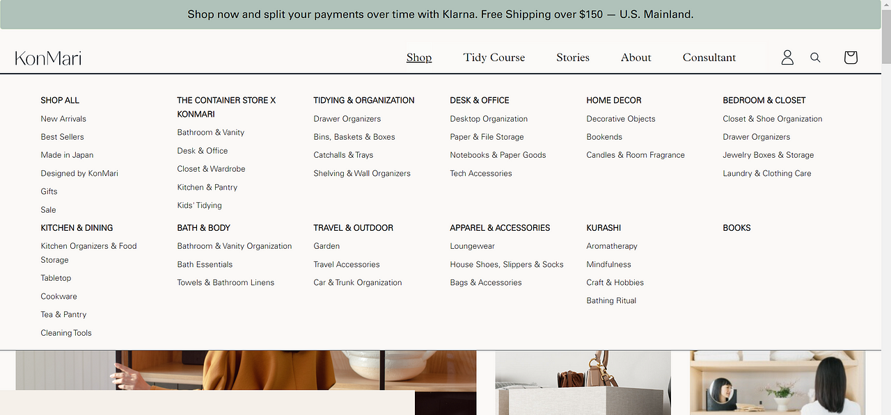 Screenshot of the “Shop” tab on Marie Kondo’s website