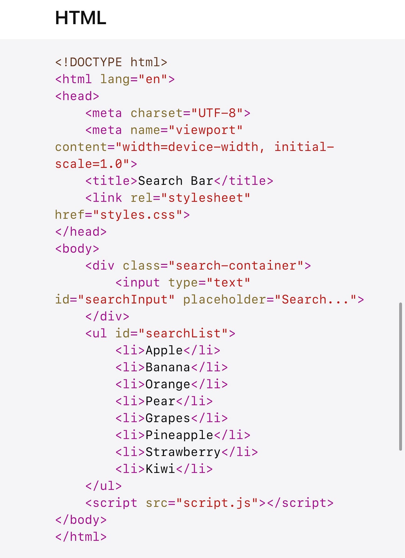 Create a simple search functionality using HTML, CSS, JS