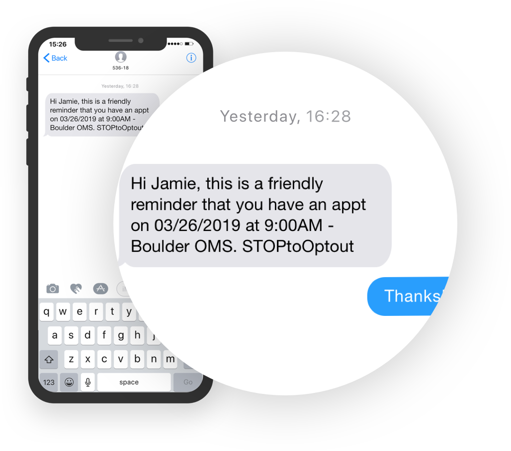 An image of a cell phone text messaging screen showing a message from a healthcare provider confirming a patient appointment.