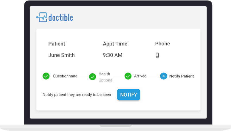 This image shows a simplified version of Doctible's Virtual Waiting Room. Shown are indicator lights highlighting when a patient passes or doesn't pass a COVID health screening and telling the office staff when they are ready to enter the physical waiting room. 