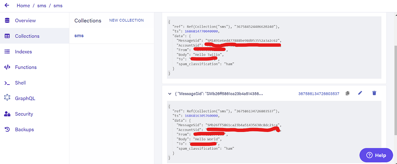 fauna database showing sms messages