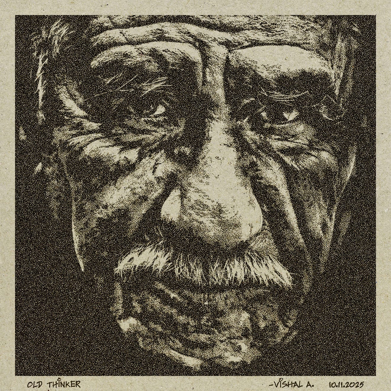 OLD THINKER
Portraying a really old man viewing & in his thoughts for same.