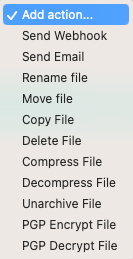 A dropdown menu showing the different file actions within Couchdrop Automations for SFTP to SharePoint and other cloud storage integrations.