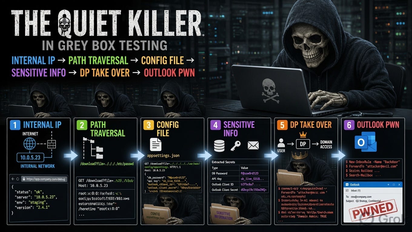 The Quiet Killer in Grey Box Testing — Internal IP Leak → Path Traversal →DB Takeover → Outlook Pwn