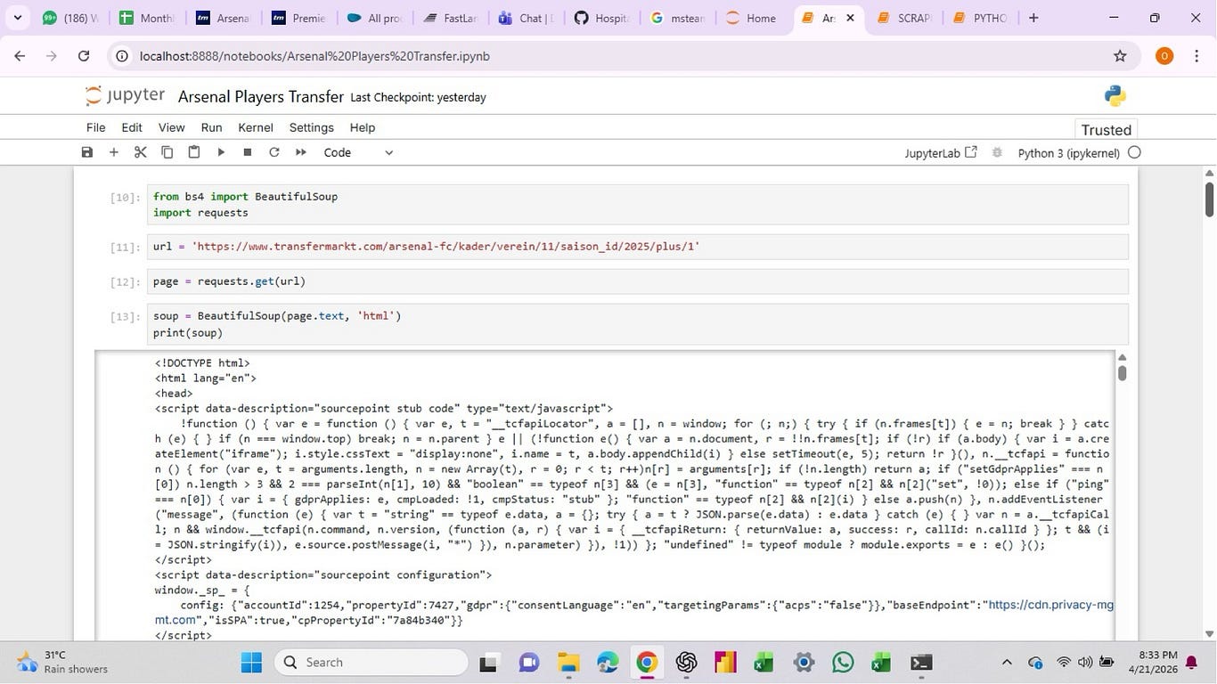 How I Scraped Real Football Data from Transfermarkt Using Python And What I Learned Along the Way)