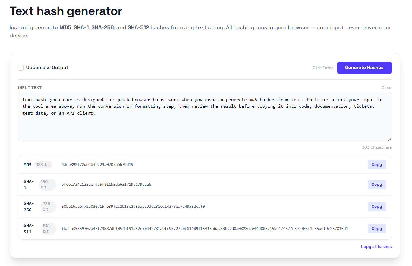 Generate MD5, SHA-1, SHA-256, and SHA-512 Hashes Instantly in Your Browser