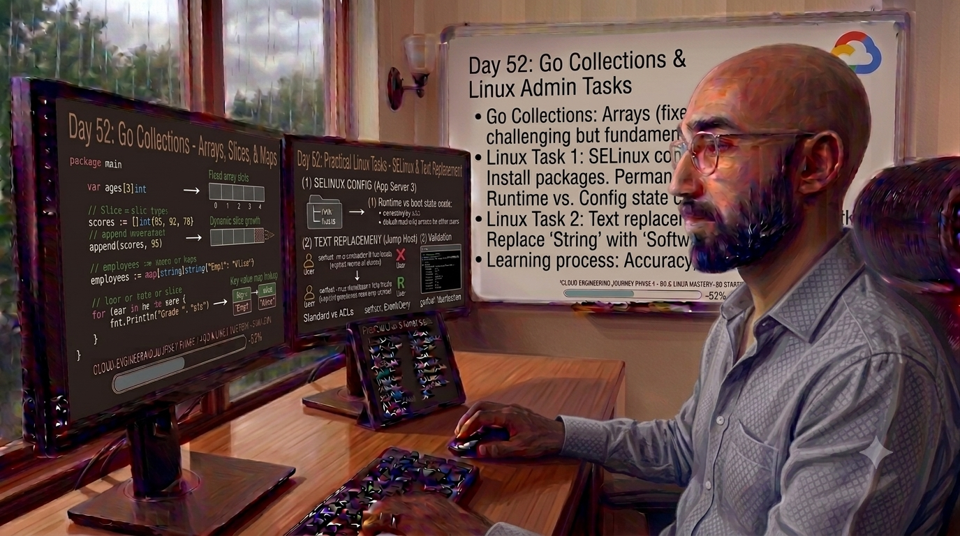 Day 52 of My Cloud Engineering Journey: Go Collections, SELinux, and Text Replacement with Stream…