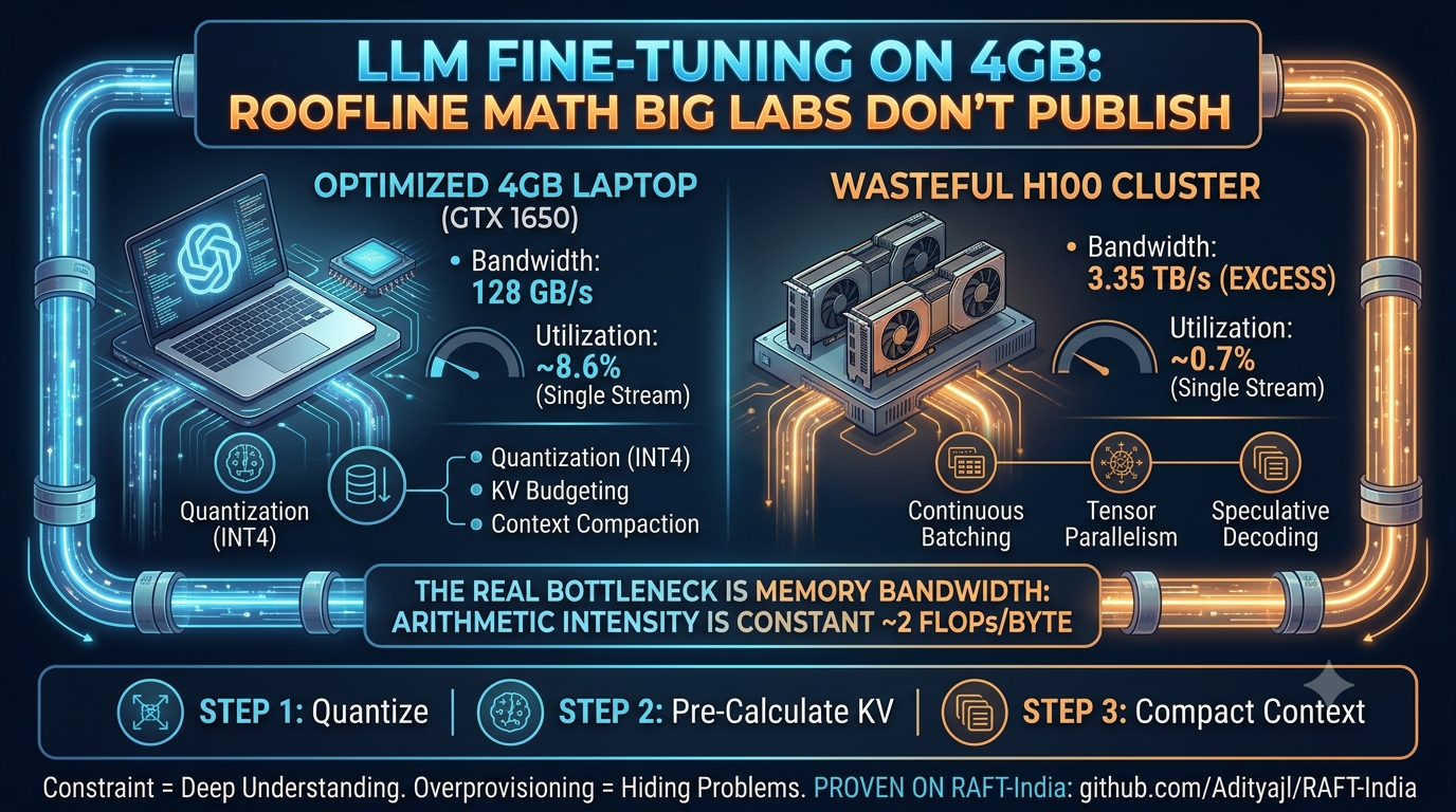 I Fine-Tuned an LLM on a 4GB Laptop GPU. Here’s the Roofline Math Big Labs Don’t Publish
