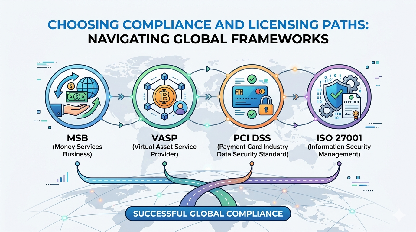 Choosing Compliance and Licensing Paths: Navigating Global Frameworks like MSB, VASP, PCI DSS, and…