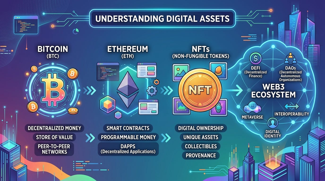 The Evolution of Digital Assets: Understanding Bitcoin, Ethereum, NFTs, and the Expanding Web3…