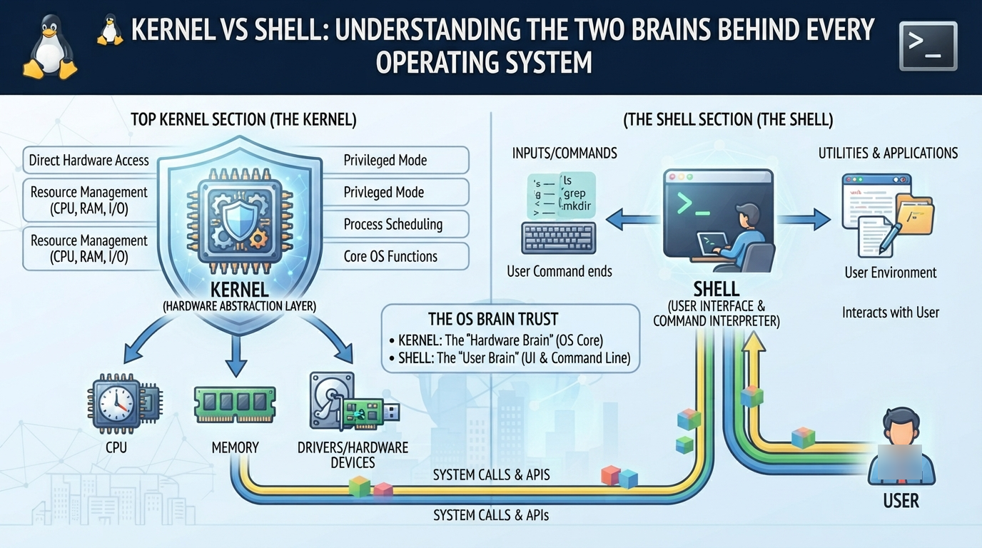 Kernel vs Shell Explained Simply: Understanding the Two Brains Behind Every Operating System