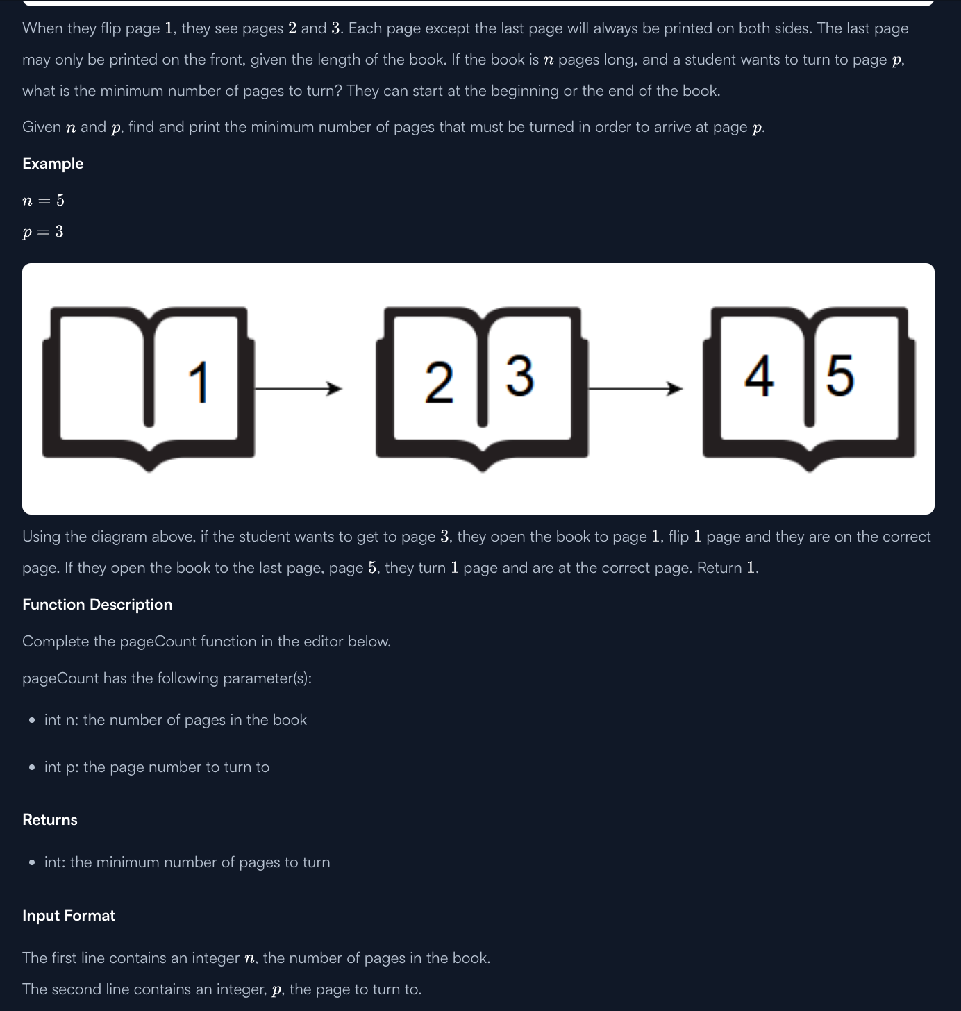JavaScript Interview Prep: Drawing Book — find the minimum number of pages to flip to get