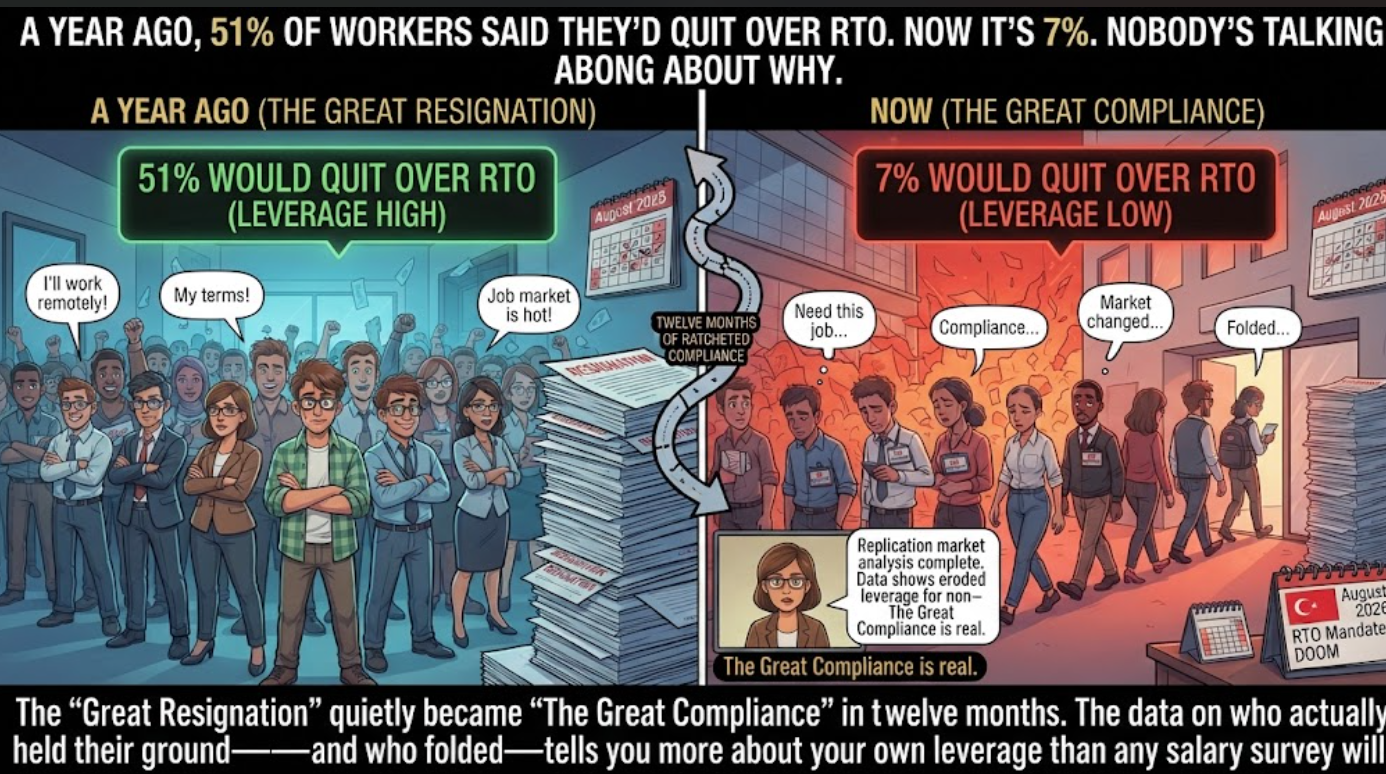 A Year Ago, 51% of Workers Said They’d Quit Over RTO. Now It’s 7%. Nobody’s Talking About Why.