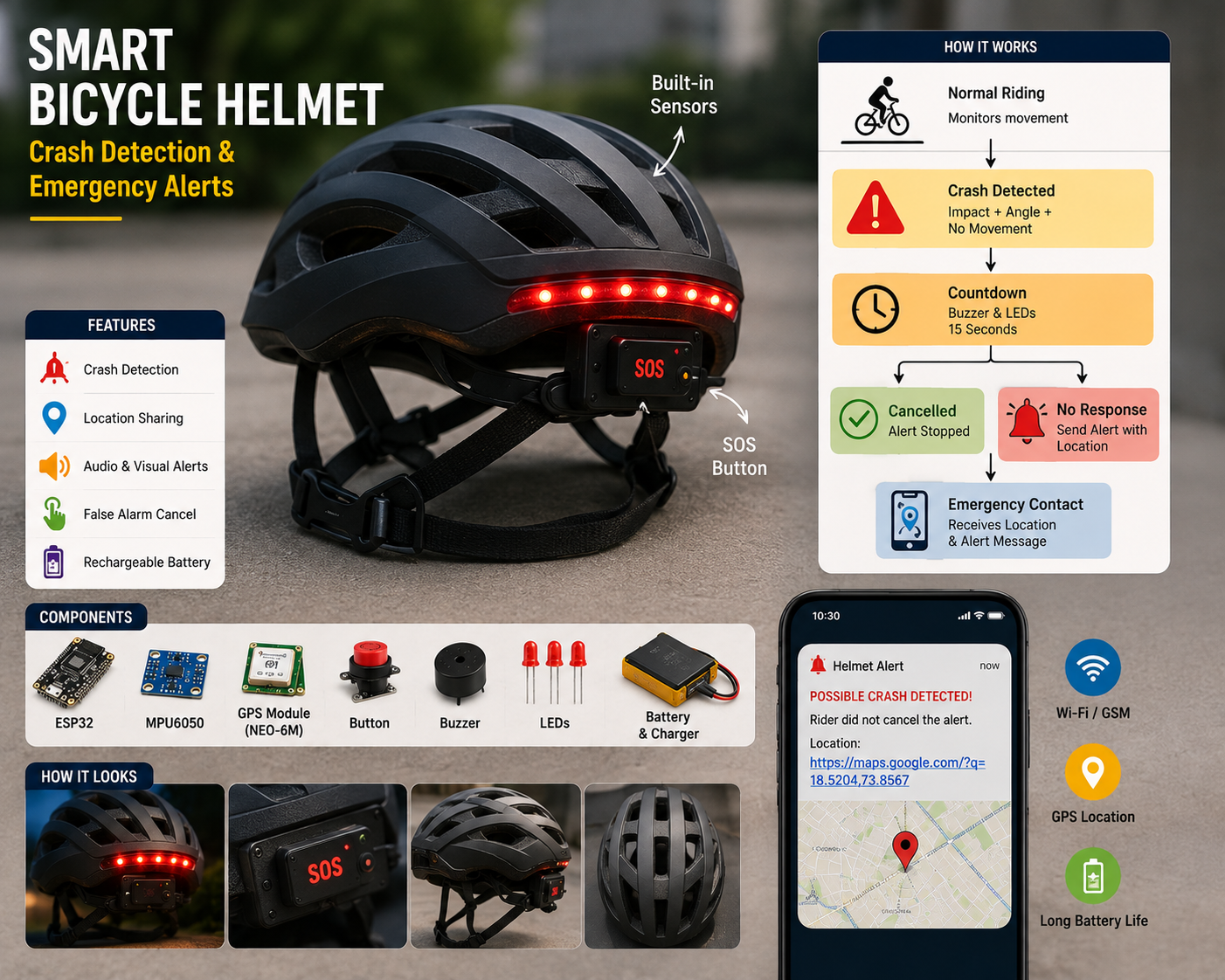 Smart Bicycle Helmet with Crash Detection and Emergency Alerts