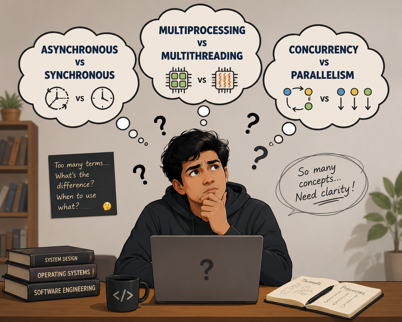 Synchronous vs Asynchronous, Concurrency vs Parallelism, and Multi-threading vs Multi-processing