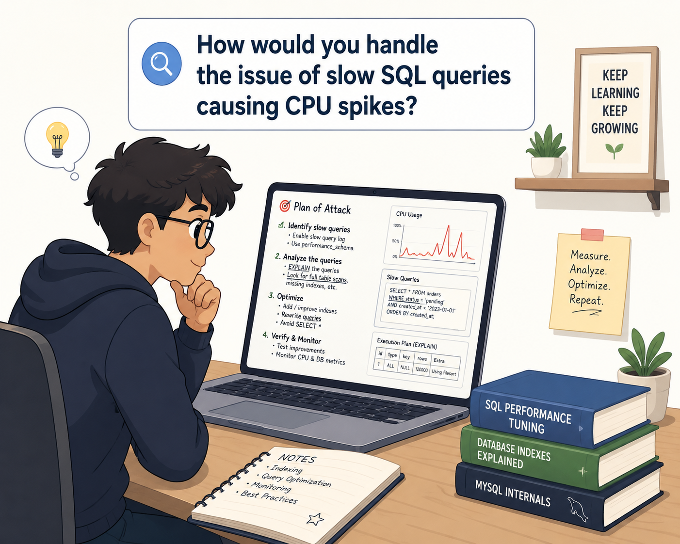 How would you handle the issue of slow SQL queries causing CPU spikes?