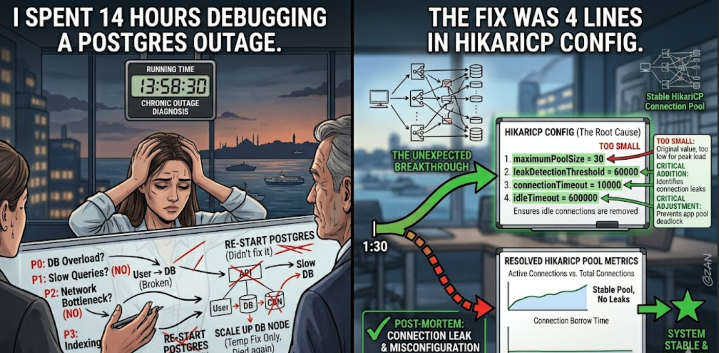 I Spent 14 Hours Debugging a Postgres Outage. The Fix Was 4 Lines in HikariCP Config.