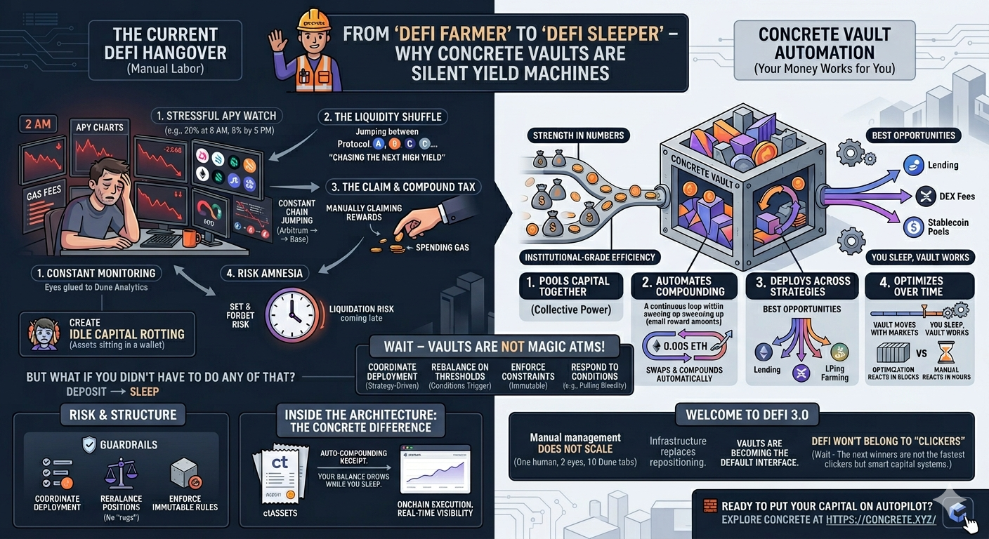 From “DeFi Farmer” to “DeFi Sleeper” — Why Concrete Vaults Are Silent Yield Machines