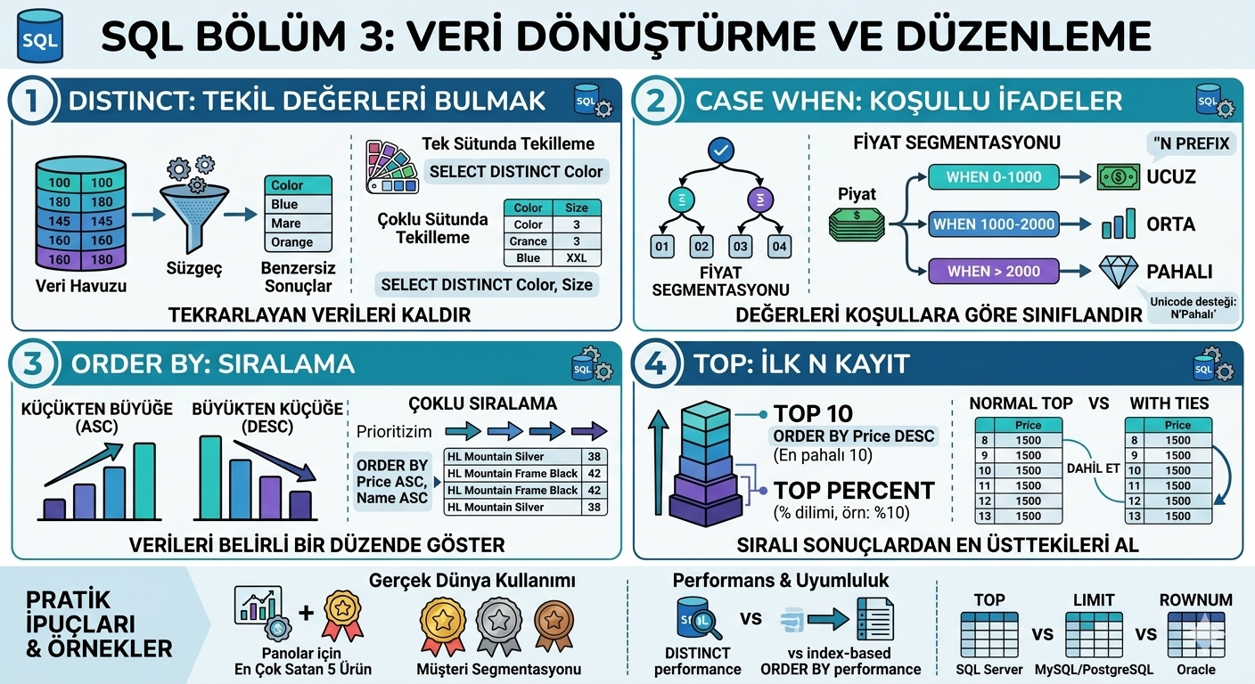 Bölüm 3: DISTINCT, CASE WHEN ve Sıralama İşlemleri