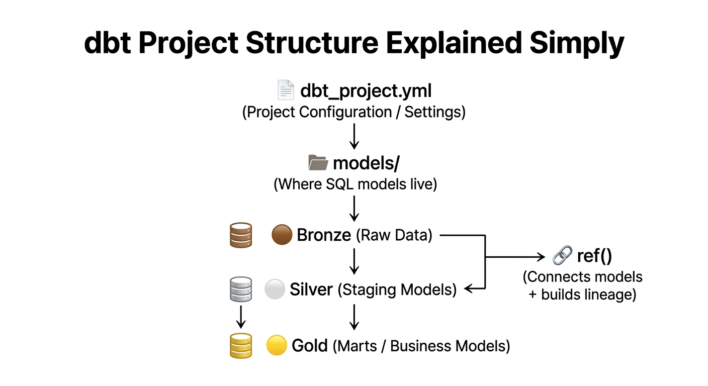 dbt Project Structure Explained Simply (Bronze, Silver, Gold + ref())