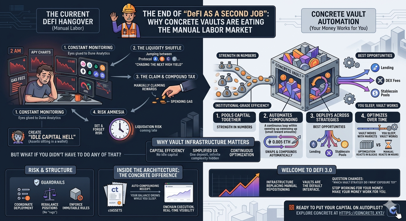 The End of “DeFi as a Second Job”: Why Concrete Vaults Are Eating the Manual Labor Market