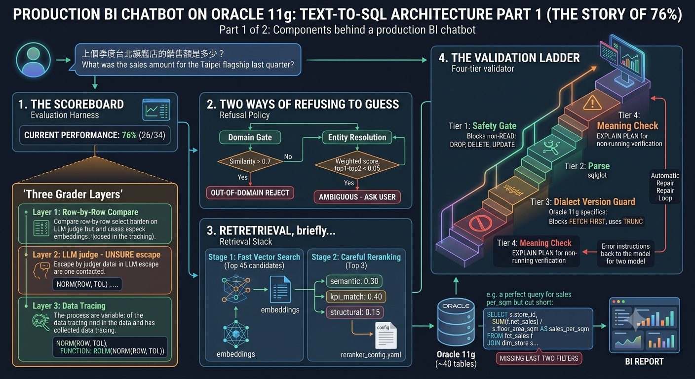 Three Months of Textbook Architecture Got Our Text-to-SQL to 76%. Here Is Exactly What We Built.