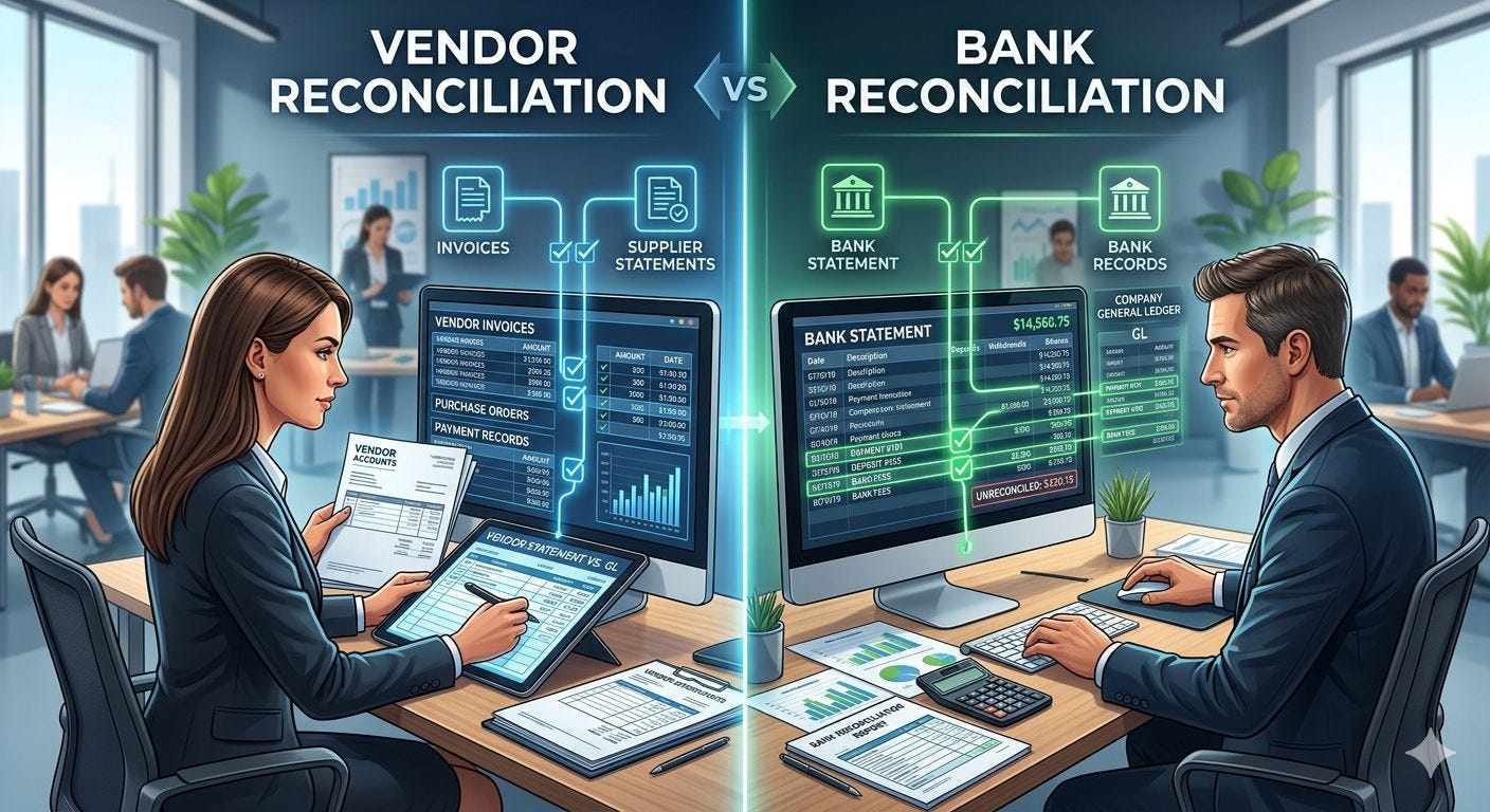 Vendor Reconciliation vs Bank Reconciliation: What Finance Teams Need to Check Differently