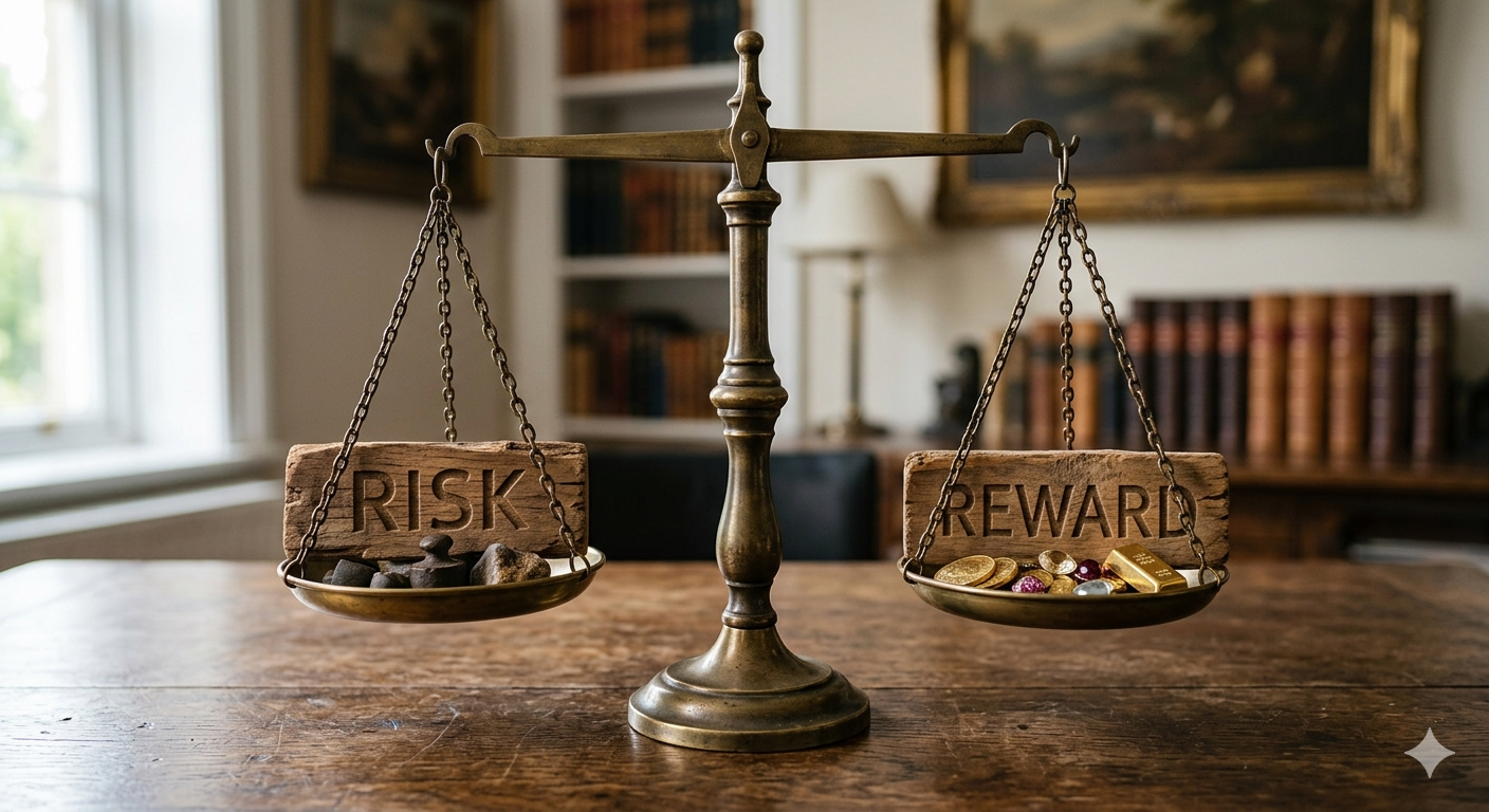 A balance scale with “Risk” on one side and “Reward” on the other.