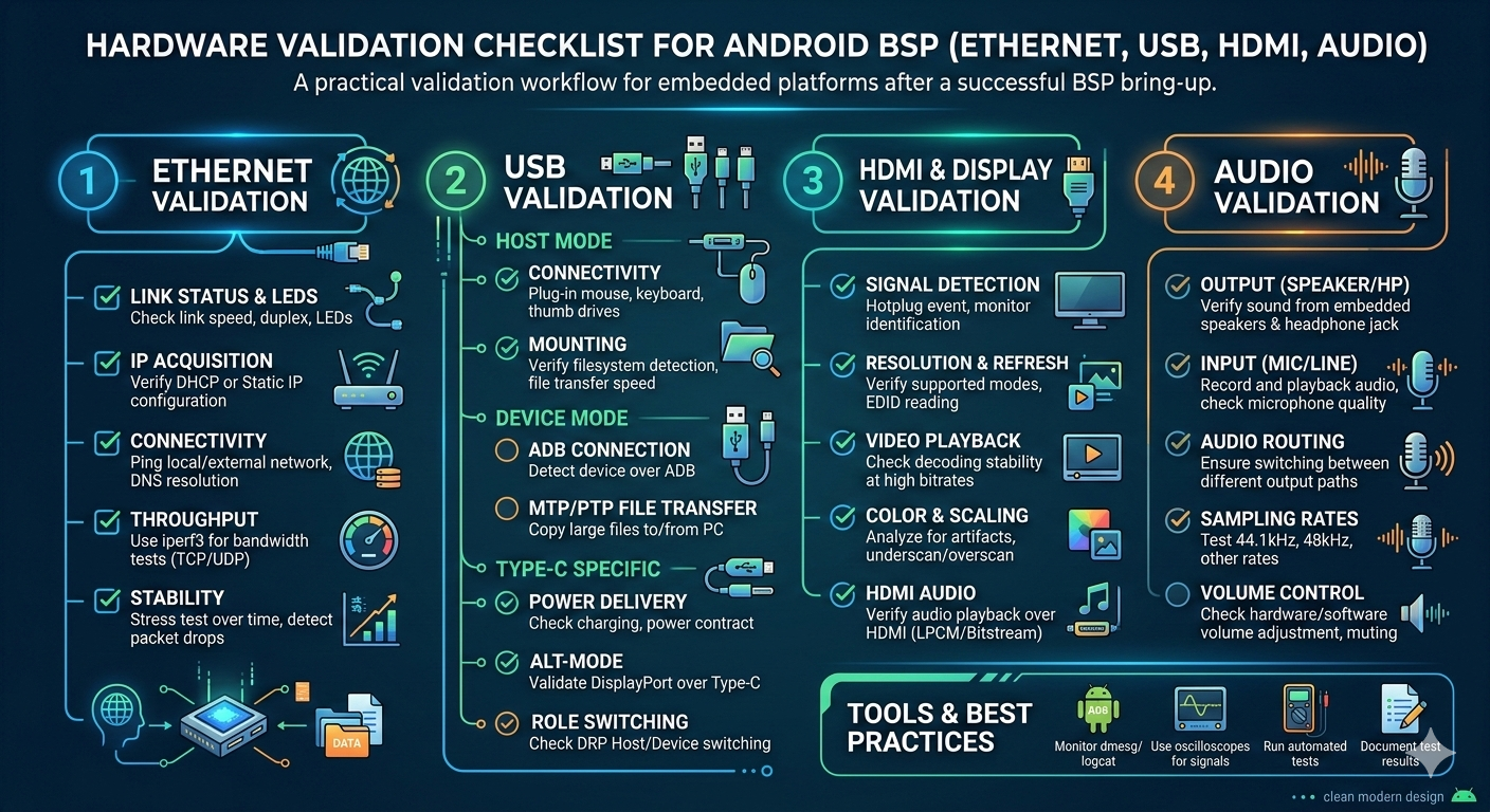 Hardware Validation Checklist for Android BSP (Ethernet, USB, HDMI, Audio)