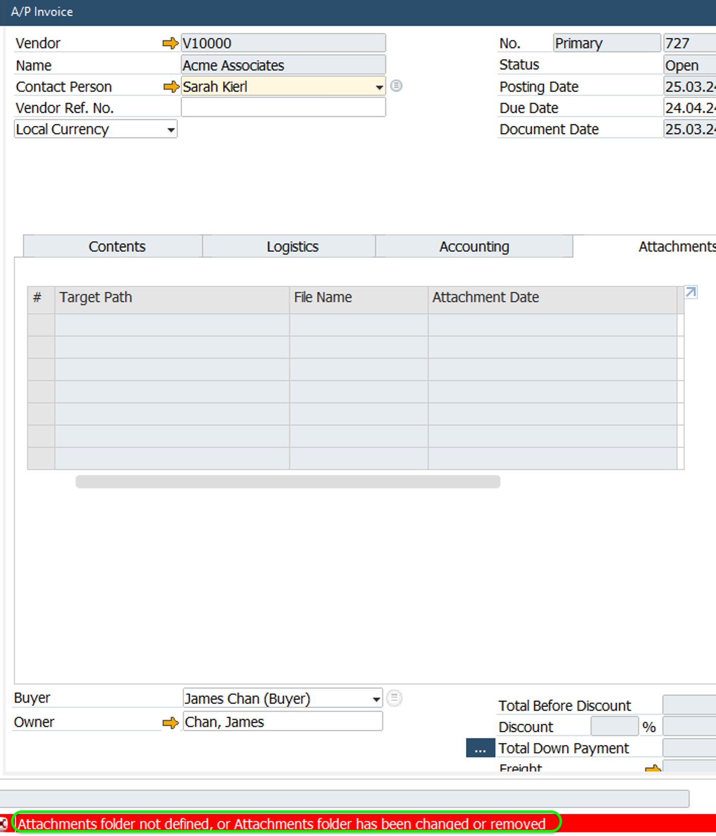 SAP Business One: Attachments folder not defined, or Attachments folder has been changed or removed…