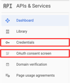 The options you need to access in the Google Developers Menu are OAuth consent screen and Credentials