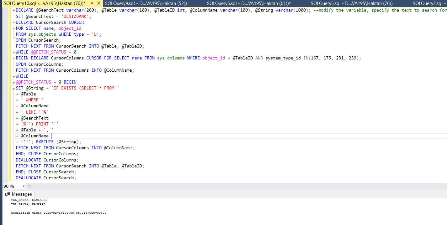 Microsoft SQL Tüm Tablo Tüm Kolonlarda String Arama