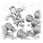 An illustration of a man in a business suit as an avalanche of balls falls on him from above