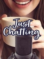 Woman holding coffee cup in front of a microphone to represent the Just Chatting category on Twitch