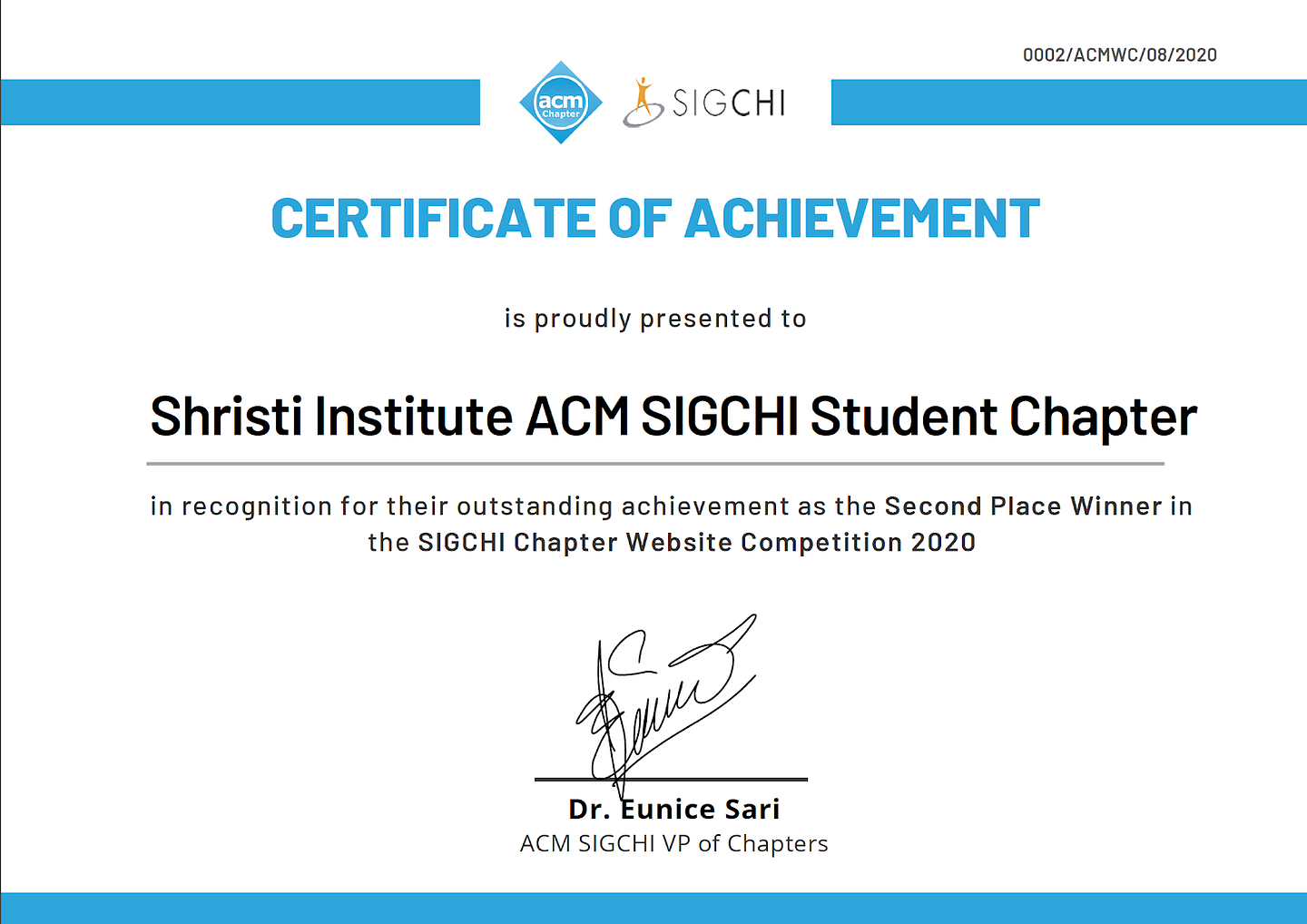 Second Place Winner Certificate of Achievement for Shristi Institute ACM SIGCHI Student Chapter