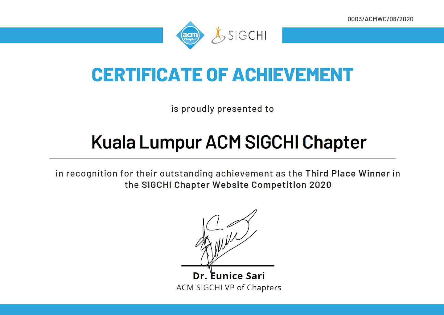Third Place Winner Certificate of Achievement for Kuala Lumpur ACM SIGCHI Chapter