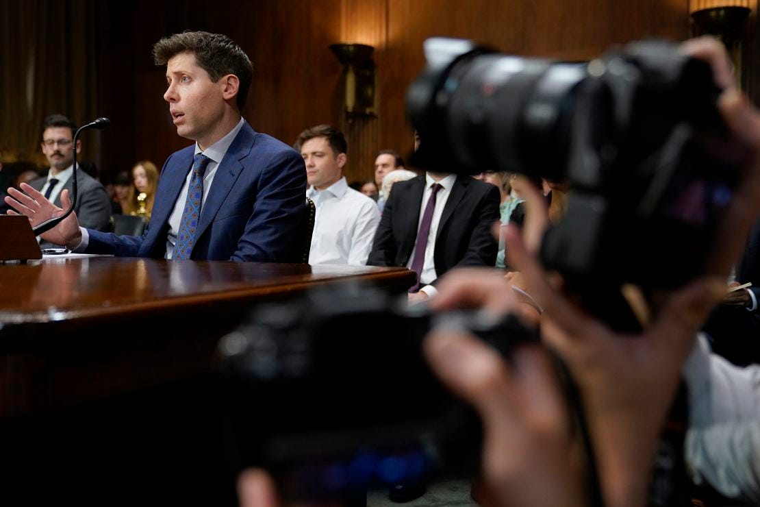 OpenAI CEO Sam Altman speaks before a Senate Judiciary Subcommittee on Privacy, Technology and the Law hearing on artificial intelligence, on May 16, on Capitol Hill in Washington (Photo by Patrick Semansky/AP)