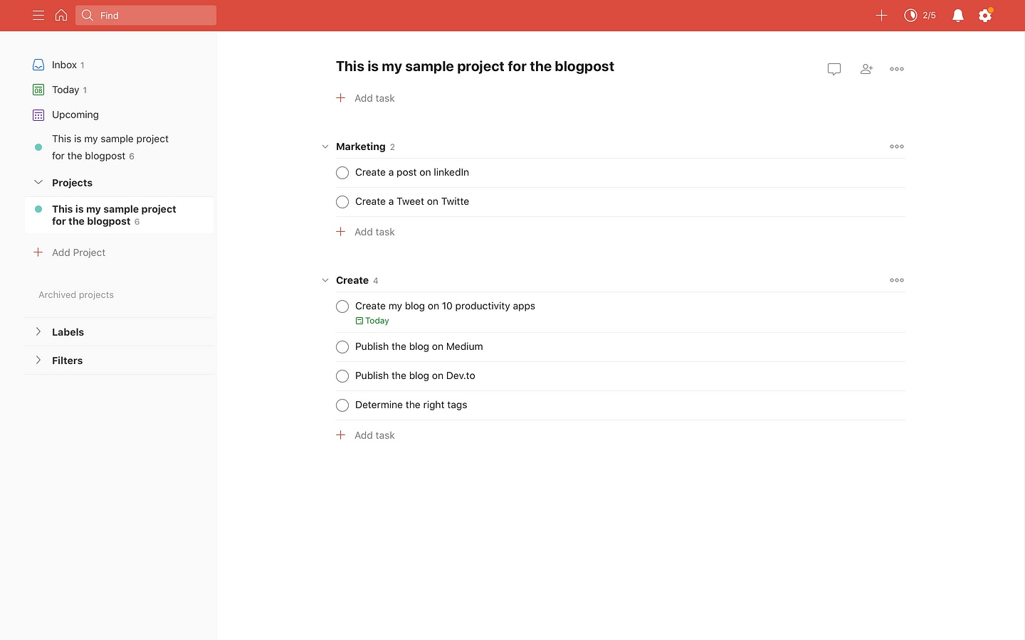 A sample project created in Todoist for optimal productivity.