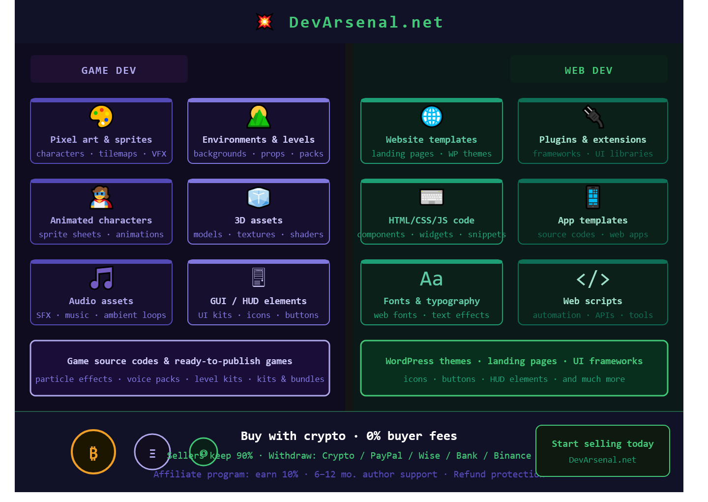 DevArsenal.net — One Marketplace. Two Worlds. All Crypto.