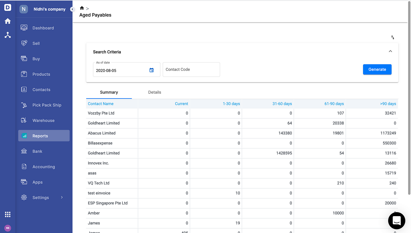 Deskera Books- Accounts Payable Aging Report