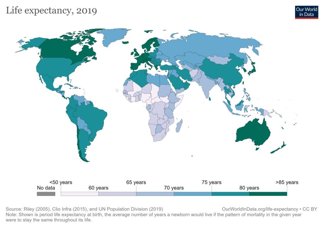 WHO world map as per life expectancy in 2019